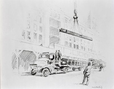 エンパイア・ステート・ビルディングの建設に使用されるため、トラックから吊り上げられる鋼鉄の梁（ウィリアム・エドウィン・ラッジ撮影 作： Vernon Howe Bailey