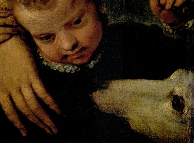 子供と犬を持つ女性の肖像画、子供の頭の詳細とキャンバス上の犬の油95739 作： Paolo Veronese