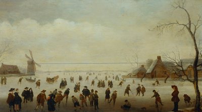 凍った水路にスケーター、ゴルフ選手、農民がたくさんいる冬の風景 作： Verstralen