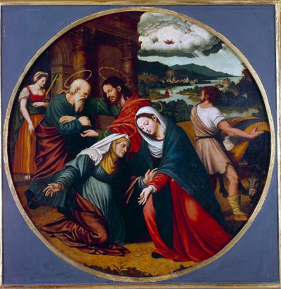 ビジュー。聖母マリアと聖女エリザベスの出会い。奥には聖ヨセフとゼカリヤ。Juan Vincente Macip (1490-1550) の絵画 Ec.Esp. 作： Vicente Juan (c.1510 79) Macip