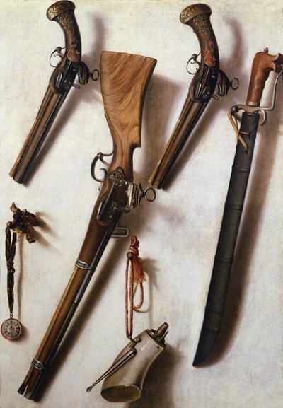 ライフル、剣、火薬ホーン付きのトロンプ・ルイユ 作： Vicente Victoria or Vitoria