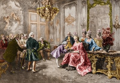ヴォルファング・アマデウス・モーツァルト（1756-1791）ポンパドゥール夫人（侯爵夫人）のもとで（ヨーロッパツアー中のモーツァルトの家族）（1763-1766）M.V.デ・パレデスの絵をもとにしたエングレーヴィング。 作： Vicente de (after) Paredes
