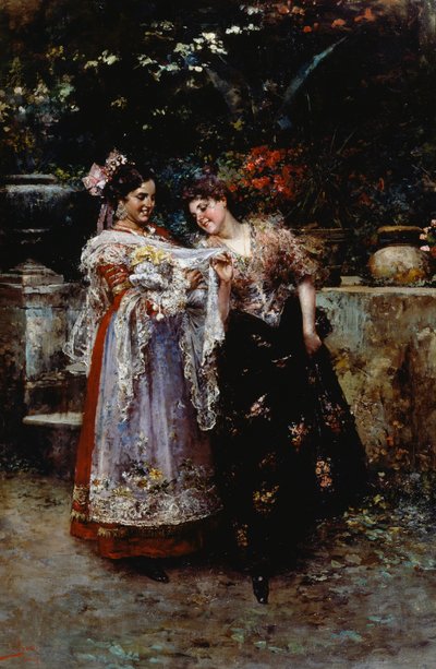美しいレース（生まれたばかりの赤ん坊を連れた二人の女性）」ヴィンチェンツォ・イローリ（1860-1949）作、油彩・キャンバス 作： Vicenzo Irolli