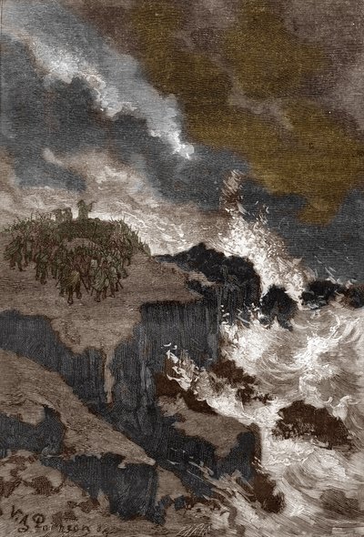 ガリアの宗教とドルイド: 精霊を指揮し、悪魔を追放する崖の上のドルイドの集まり ルイ・フィギエによる「Les mysteres de science」からの彫刻、個人コレクション 作： Victor Armand Poirson