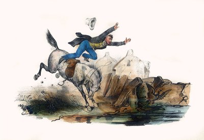 騎手が馬の突進を受けて倒れている。1850年頃、パリで制作されたヴィクトル・アダムの挿絵「グロテスク・アルバム、傑出したタイプのチョイス」に収録。 作： Victor Adam