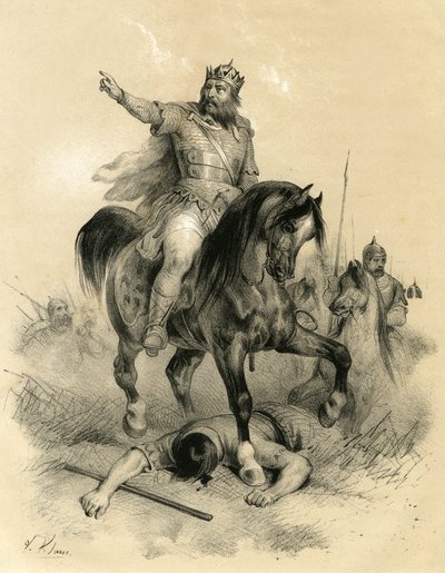 445年、フン族の唯一の指導者アッティラ（395-453年）は、東西の帝国を荒廃させた。 作： Victor Adam