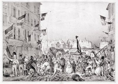 1830年7月29日、ドーフィーヌ通りのバリケード、H。デラポルテによって彫刻 作： Victor Adam