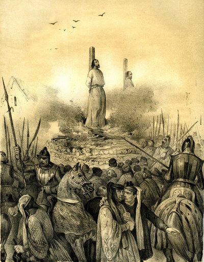 テンプル騎士団最後の教主ジャック・ド・モレイ（モライ）（1243-1314）の肉屋での死（1298年）。フィリップ・ル・ベルは彼を逮捕し（1307年）、拷問して投獄した後、ノルマンディーの司令官ジェフロワ・ド・シャルンと共に生きたまま火刑に処した。 作： Victor Adam