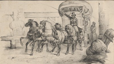 乗客を乗せた馬車を引く 5 頭の馬、19 世紀半ば。 作： Victor Adam