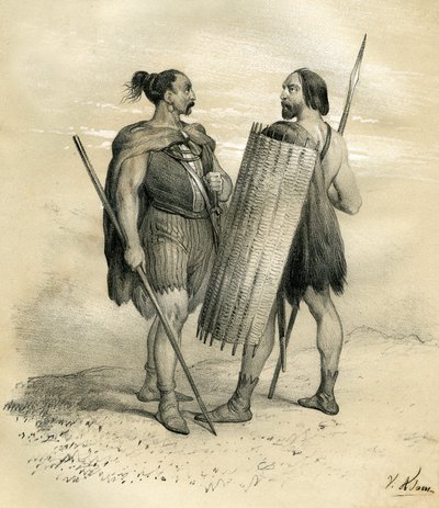 254年頃のフランとシカンベールの戦士たち。シカンベールはリッペ川以南のゲルマン民族で、8世紀にローマ人に従属させられ、その後フラン民族に統合された。ヴィクトール・アダム（1801-1866）による『フランスの歴史』（邦訳『フランスの歴史』）に掲載された版画。 作： Victor Adam