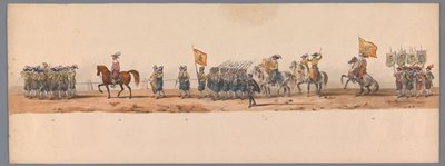 ユトレヒト大学の 200 周年記念の歴史的な行進、1836 年（プレート 7） 1600 年 7 月 3 日、ニーウポールトでの勝利の翌日、オステンデへのオランダ軍の進軍。 H H Studentの衣装パフォーマンスによる 作： Victor Adam