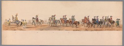 ユトレヒト大学の 200 周年記念の歴史的な行進、1836 年（プレート 8） 1600 年 7 月 3 日、ニーウポールトでの勝利の翌日、オステンデへのオランダ軍の進軍。 H H Studentの衣装パフォーマンスによる 作： Victor Adam