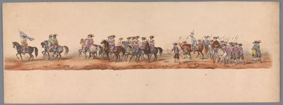 ユトレヒト大学創立 200 周年の歴史的な行進、1836 年（プレート 5） 1600 年 7 月 3 日、ニーウポールトでの勝利の翌日、オステンデへのオランダ軍の進軍。 H H Studentの衣装パフォーマンスによる 作： Victor Adam