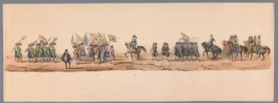 1836年、ユトレヒト大学の200周年記念の歴史的な行進（プレート9） 1600 年 7 月 3 日、ニーウポールトでの勝利の翌日、オステンデへのオランダ軍の進軍。 H H Studentの衣装パフォーマンスによる 作： Victor Adam