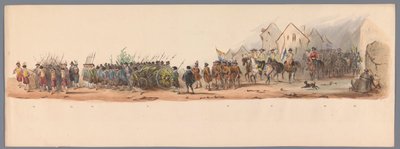ユトレヒト応用科学大学の 200 周年記念の歴史的な行進、1836 年（プレート 10） 1600 年 7 月 3 日、ニーウポールトでの勝利の翌日、オーステンデへのオランダ軍の接近。 H・H・スチューデンによる着ぐるみのプレゼンテーションによると 作： Victor Adam