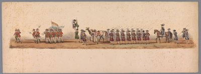 1836年、ユトレヒト大学の200周年記念の歴史的な行進（プレート3） 1600 年 7 月 3 日、ニーウポールトでの勝利の翌日、オステンデへのオランダ軍の進軍。 H H Studentの衣装パフォーマンスによる 作： Victor Adam