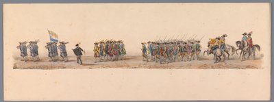 ユトレヒト大学創立 200 周年の歴史的な行進、1836 年（プレート 4） 1600 年 7 月 3 日、ニーウポールトでの勝利の翌日、オステンデへのオランダ軍の進軍。 H H Studentの衣装パフォーマンスによる 作： Victor Adam