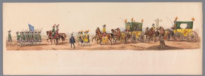 ユトレヒト大学創立 200 周年の歴史的な行進、1836 年（プレート 6） 1600 年 7 月 3 日、ニーウポールトでの勝利の翌日、オステンデへのオランダ軍の進軍。 H H Studentの衣装パフォーマンスによる 作： Victor Adam