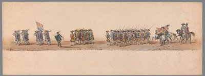 ユトレヒト大学創立 200 周年の歴史的な行進、1836 年（プレート 4） 1600 年 7 月 3 日、ニーウポールトでの勝利の翌日、オステンデへのオランダ軍の進軍。 H H Studentの衣装パフォーマンスによる 作： Victor Adam