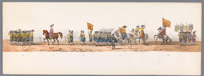 ユトレヒト大学の 200 周年記念の歴史的な行進、1836 年（プレート 7） 1600 年 7 月 3 日、ニーウポールトでの勝利の翌日、オステンデへのオランダ軍の進軍。 H H Studentの衣装パフォーマンスによる 作： Victor Adam