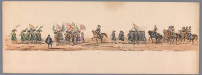1836年、ユトレヒト大学の200周年記念の歴史的な行進（プレート9） 1600 年 7 月 3 日、ニーウポールトでの勝利の翌日、オステンデへのオランダ軍の進軍。 H H Studentの衣装パフォーマンスによる 作： Victor Adam
