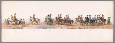 ユトレヒト大学の 200 周年記念の歴史的な行進、1836 年（プレート 8） 1600 年 7 月 3 日、ニーウポールトでの勝利の翌日、オステンデへのオランダ軍の進軍。 H H Studentの衣装パフォーマンスによる 作： Victor Adam