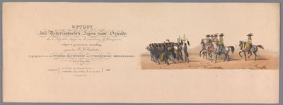 ユトレヒト大学の 200 周年記念の歴史的な行進、1836 年 (タイトル プリント) 1600 年 7 月 3 日、ニーウポールトでの勝利の翌日、オステンデへのオランダ軍の進軍。 H H Stud による衣装パフォーマンスによると 作： Victor Adam