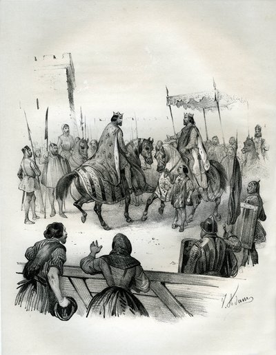 1023年、ドイツ皇帝（バヴィエール公、ゲルマニア王）アンリ2世（跛行者、聖人として知られる、973～1024年）と、996年から没年までフランス王であったピュー王ロベール2世（970～1031年）の面接。ロベールはユーグ・カペの息子である。 作： Victor Adam