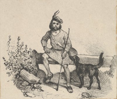 犬と一緒に座っている男性、19 世紀半ば。 作： Victor Adam