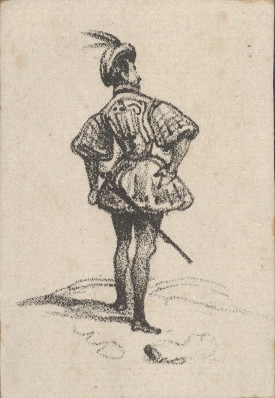 後ろから見た、剣と羽のついた帽子をかぶった男性、19 世紀半ば。 作： Victor Adam