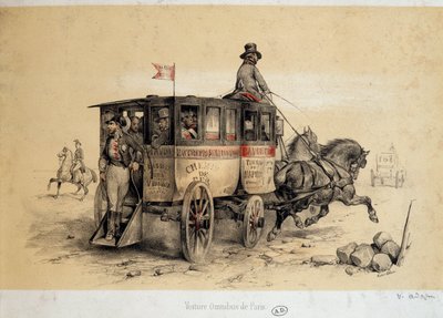 パリのオムニバス・カー - アダムによるリトグラフ、1840年頃 作： Victor Adam