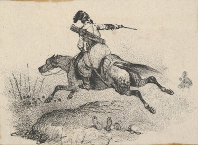 疾走する馬に乗った兵士、19 世紀半ば。 作： Victor Adam