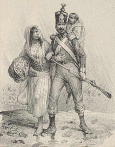 腕に女性、背中に子供を乗せた兵士、19 世紀半ば.. 作： Victor Adam