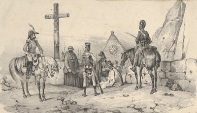 聖職者と十字架のある教会の前に集まった兵士たち、19 世紀半ば。 作： Victor Adam