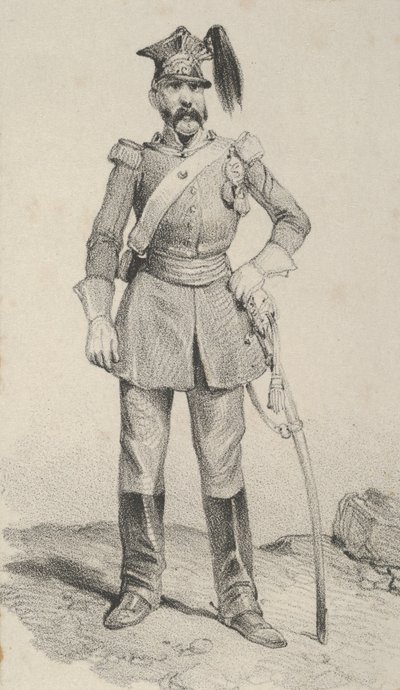 剣の兜に手を置いて立っている兵士、19 世紀半ば。 作： Victor Adam