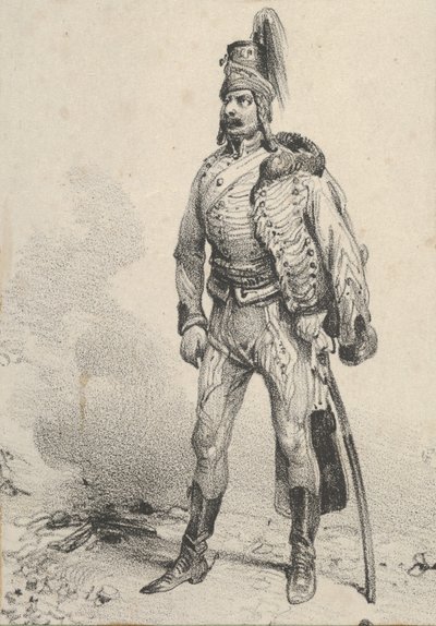 19 世紀半ば、片方の肩に上着を着た立っている兵士。 作： Victor Adam