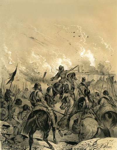 390年のアリアの戦いの後、ローマを占領したガリア人。19世紀半ばにアルダン兄弟によって出版された『中世のフランス』に掲載されたヴィクトル・アダム（1801-1866）のエングレーヴィング。 作： Victor Adam