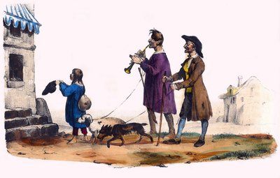 犬に導かれた二人の盲人と乞食の子供。1850年頃、パリで制作されたヴィクトル・アダムのイラストによる「グロテスク・アルバム、傑出したタイプの選択」に収録されています。 作： Victor Adam