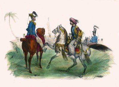 アルジェの二人の将校。グロテスク・アルバム、傑出したタイプの選択」、ビクター・アダムのイラスト、1850年頃、パリ。 作： Victor Adam