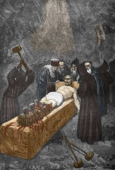1630年頃のLoudun (demons de Loudun) のPosssedesの事件: 魔女狩り、悪魔と協定を結び、修道女の魔法を持っていると非難したとされるフランスの司祭Urbain Grandier (1590-1634) は、刺繍への拷問です - (Urbain グランディエ、フレンチ 作： Victor Armand Poirson
