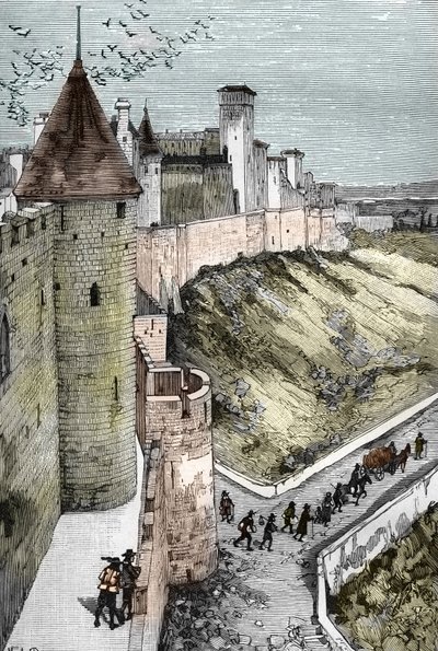 Edit de Nantes (ルイ 14 世 (1681-1686) の下でのドラゴンネード) の廃止後の説教の禁止とプロテスタントの逮捕: プロテスタントの亡命者が都市を離れて国境に加わる (ルイ 14 世の下でフランスのドラゴンネード、フランスの政策が制定された) 作： Victor Armand Poirson