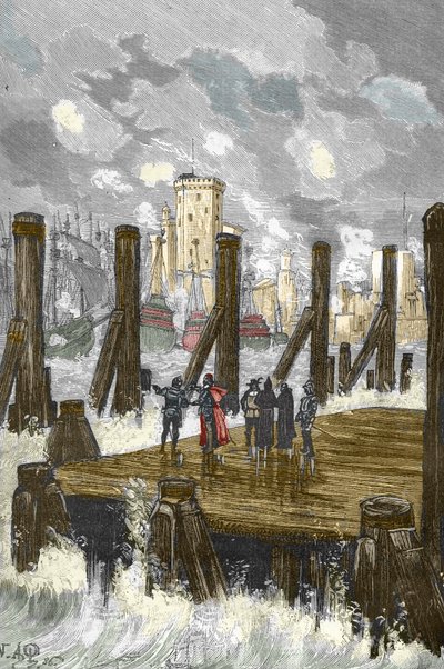 Siege de la Rochelle（1627-1628）：「「リシュリュー枢機卿（1585-1642）は、ラ・ロシェルのダムで、都市の包囲中に、1628年10月にプロテスタント軍の軍隊を配置しました」-リシュリュー枢機卿 1628 年 10 月のラ ロシェル包囲戦で) Engravi 作： Victor Armand Poirson