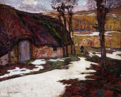 わらぶき小屋の前の農民。 Chaumiereの前の農民 作： Victor Charreton