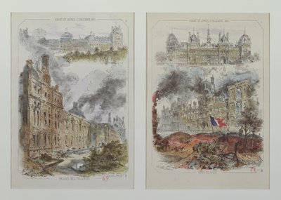 1871年の火災前後のチュイルリー宮殿とオテルドヴィルの景色 作： Victor Coindre