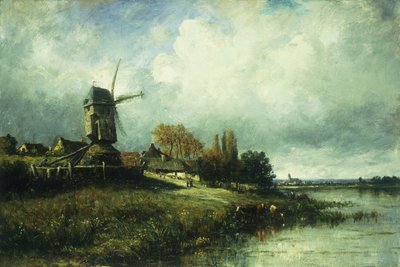 風車のある川の風景、1870 作： Leon Victor Dupre
