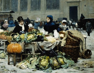 1878年、パリのレアールセントラールにある野菜スタンド 作： Victor Gabriel Gilbert