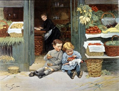 リンゴとイチゴを食べる2人の子供。イラスト 作： Victor Gabriel Gilbert