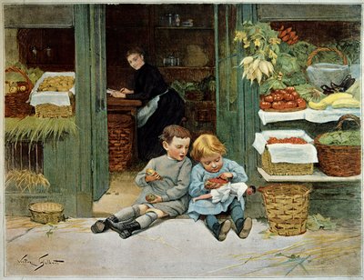 ツアーの彼。母親の食料品の前でトーストを食べる子供。少女は膝の上に人形を乗せている。ヴィクトル・ジルベール（1847-1935）の絵画。パリ、装飾美術 作： Victor Gabriel Gilbert