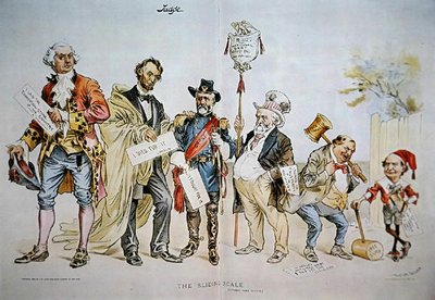 1896年10月3日発行の「Judge」に掲載されたアメリカの政治的地位の「Sliding Scale」を描いた漫画（カラーリトグラフ版） 作： Victor Gillam