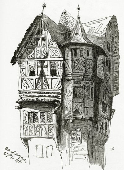 19世紀のライン川のバカラックの家（bw彫刻） 作： Victor Hugo
